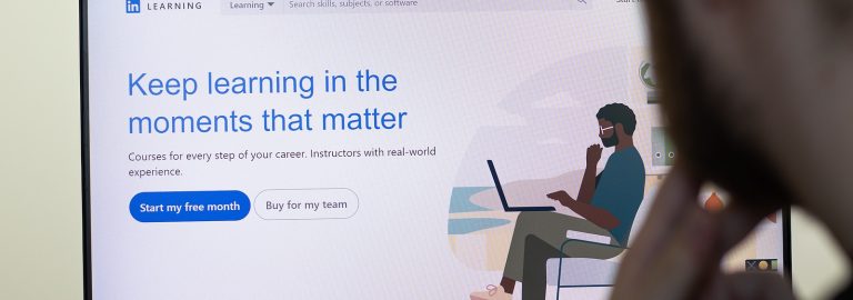 New York, USA - 26 April 2021: LinkedIn Learning website page on screen, man using service, Illustrative Editorial